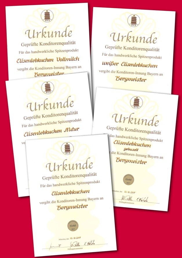 5 mal GOLD für unsere Elisenlebkuchen Konditoreninnung zeichnet BERGMEISTEr Elisenlebkuchen aus
