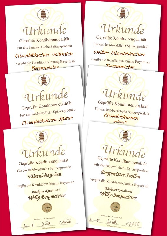 5 mal GOLD für unsere Elisenlebkuchen und 1 mal für Stollen Konditoreninnung zeichnet BERGMEISTER Elisenlebkuchen und Stollen aus