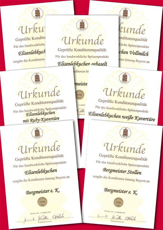 6 mal GOLD für unsere Elisenlebkuchen und 1 mal für Stollen Konditoreninnung zeichnet BERGMEISTER Elisenlebkuchen und Stollen aus
